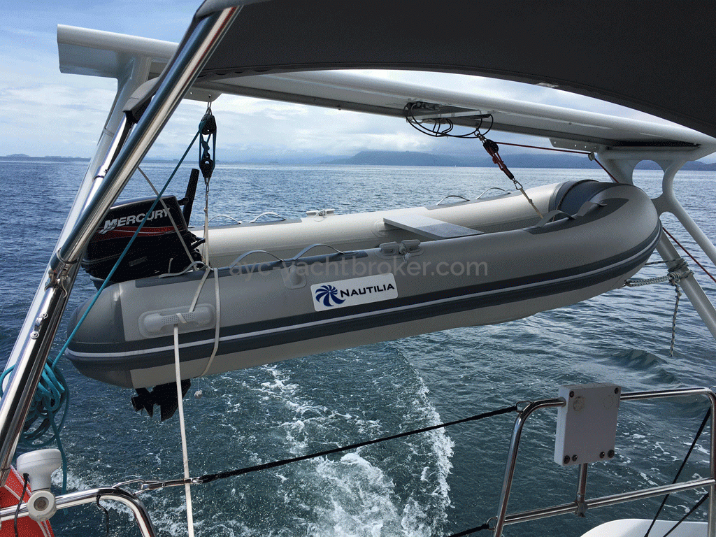 Cigale 16 - RIB tender under the aft arch